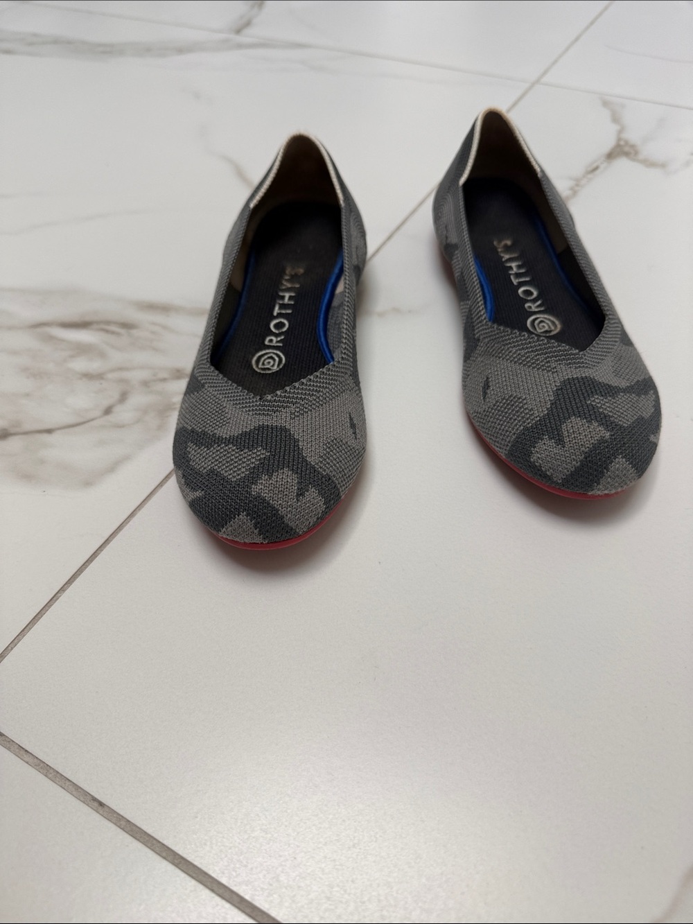 Rothy's Gray Knit Camo Ballet Flats with Red Soles - Women's